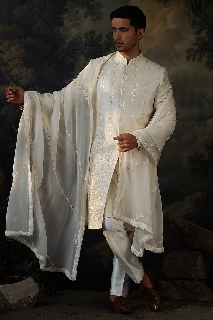 Ivory Silk Thread Embroidered Groom Sherwani Set by AYUSH JAIN at Pernia's Pop Up Shop