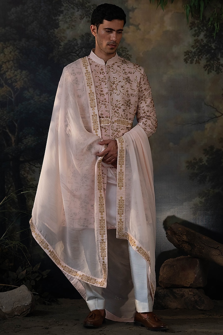 Blush Pink Silk Hand Embroidered Groom Sherwani Set by AYUSH JAIN at Pernia's Pop Up Shop