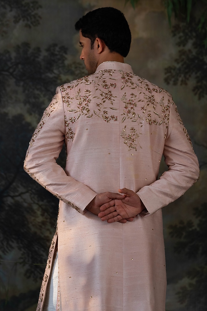 Blush Pink Silk Hand Embroidered Groom Sherwani Set by AYUSH JAIN at Pernia's Pop Up Shop