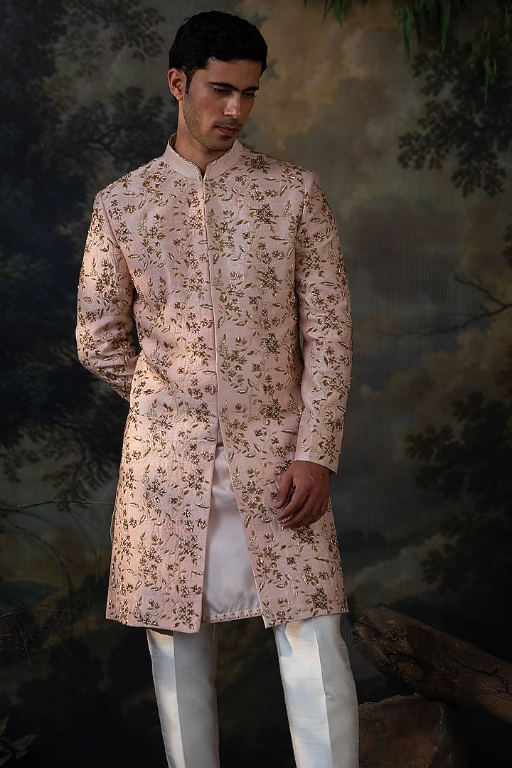 Blush Pink Silk Hand Embroidered Groom Sherwani Set by AYUSH JAIN at Pernia's Pop Up Shop