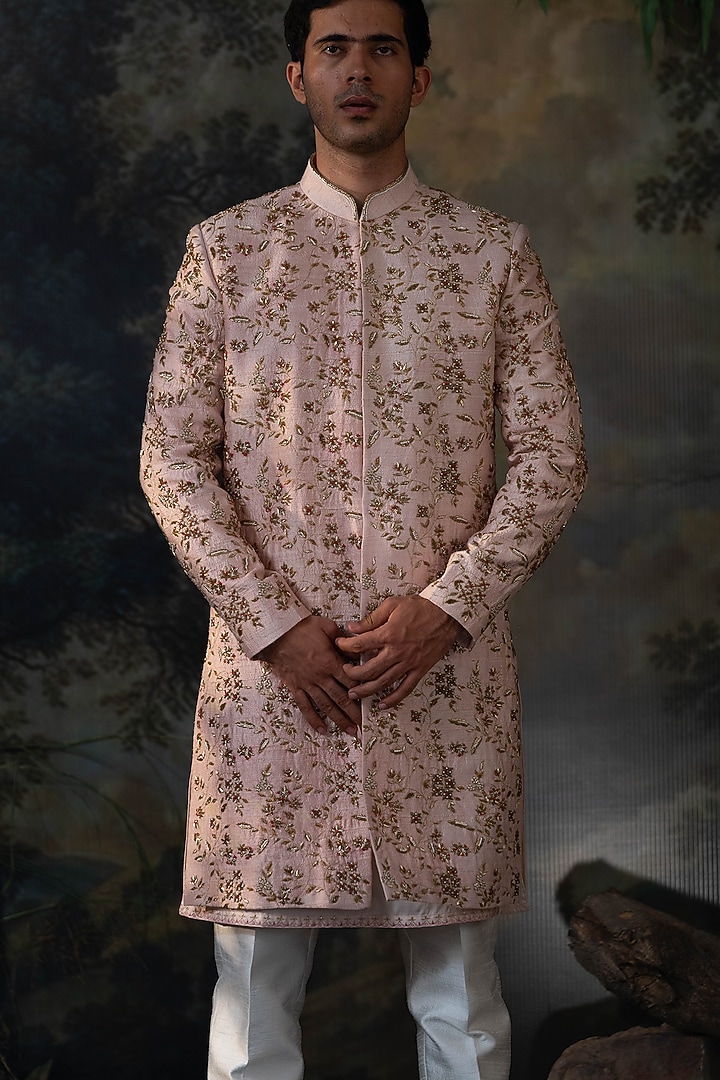 Blush Pink Silk Hand Embroidered Groom Sherwani Set by AYUSH JAIN at Pernia's Pop Up Shop