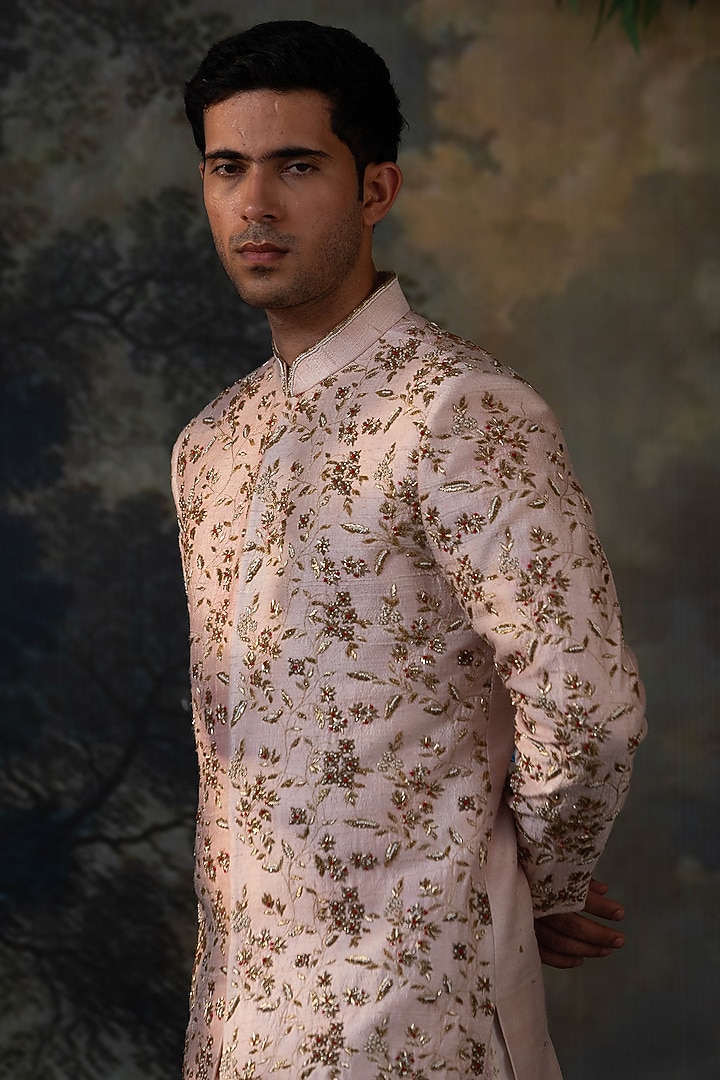 Blush Pink Silk Hand Embroidered Groom Sherwani Set by AYUSH JAIN at Pernia's Pop Up Shop