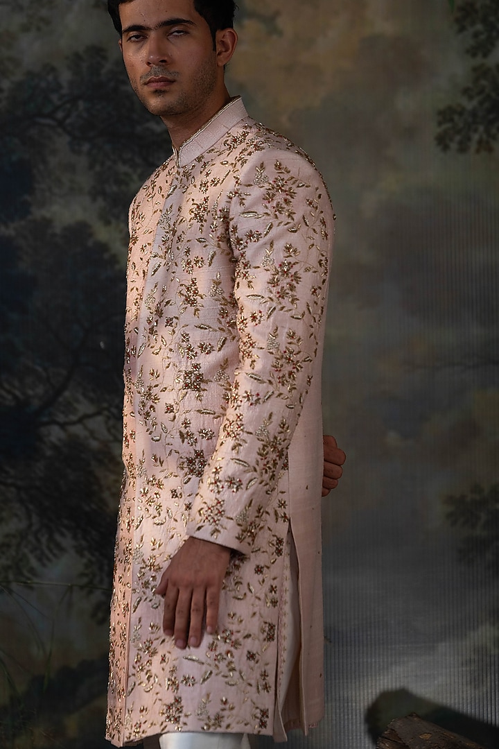 Blush Pink Silk Hand Embroidered Groom Sherwani Set by AYUSH JAIN at Pernia's Pop Up Shop