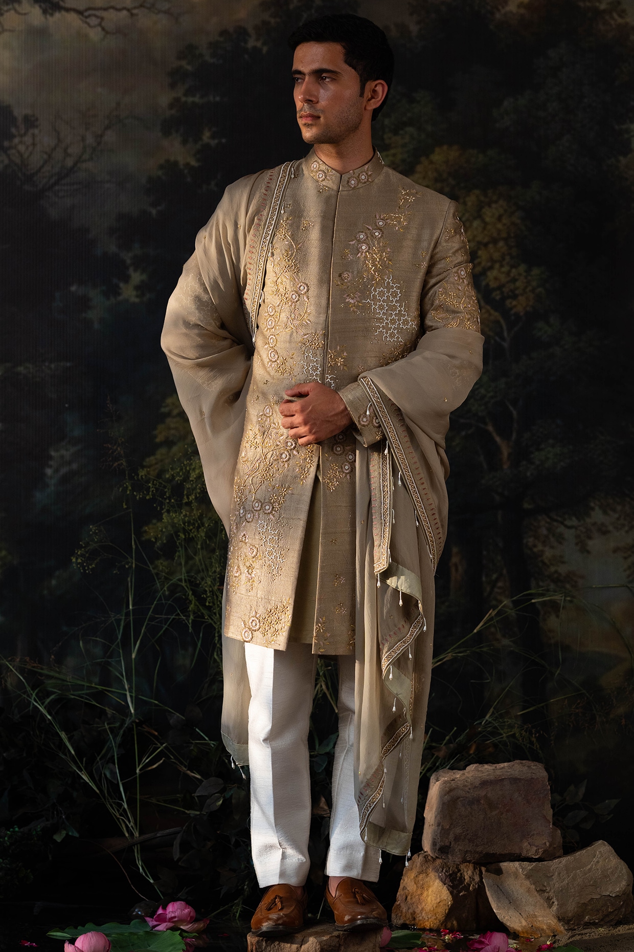 AYUSH JAIN Sage Green Silk Hand Embroidered Sherwani Set