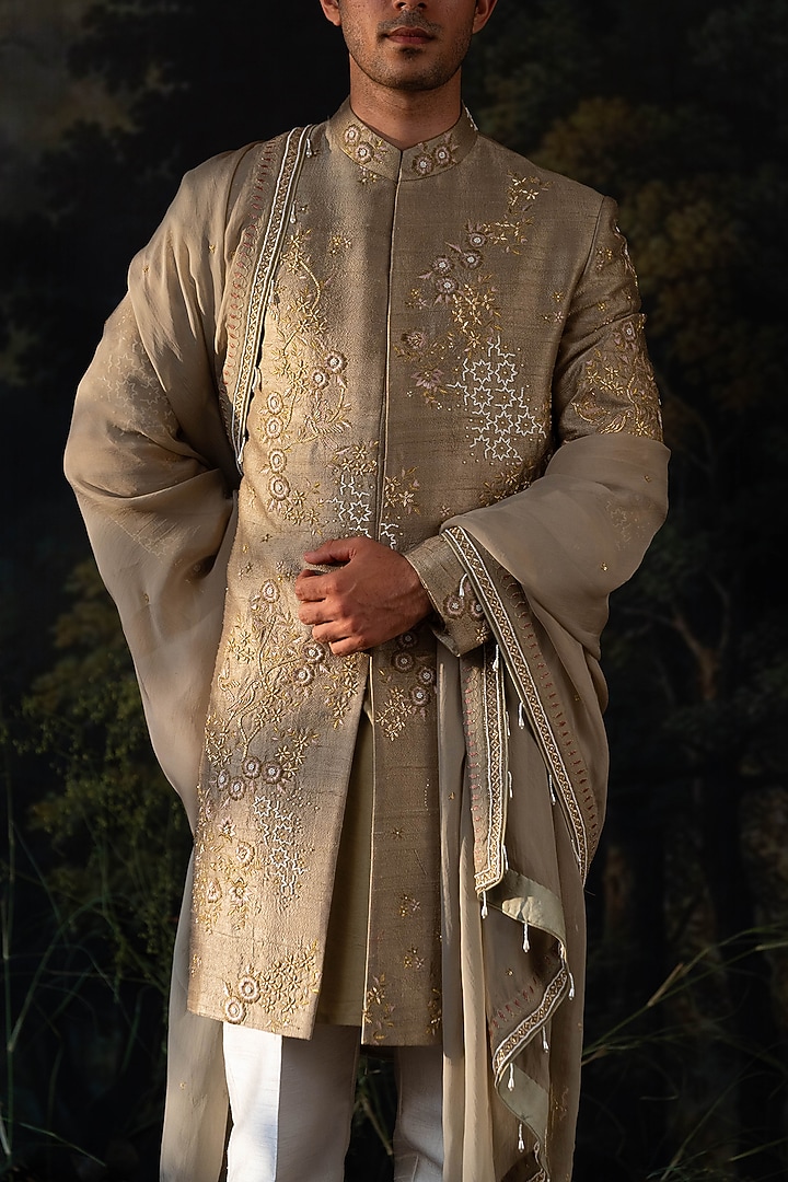 Sage Green Silk Hand Embroidered Groom Sherwani Set by AYUSH JAIN at Pernia's Pop Up Shop