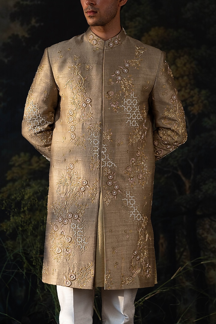 Sage Green Silk Hand Embroidered Groom Sherwani Set by AYUSH JAIN at Pernia's Pop Up Shop