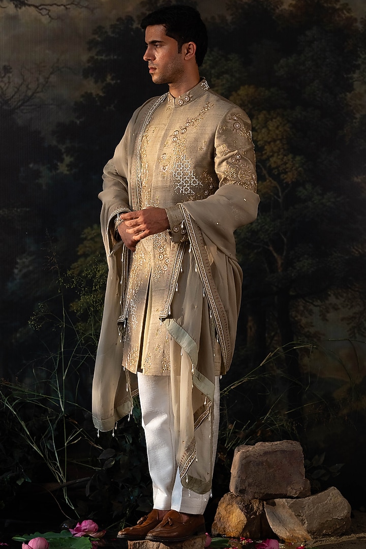 Sage Green Silk Hand Embroidered Groom Sherwani Set by AYUSH JAIN at Pernia's Pop Up Shop