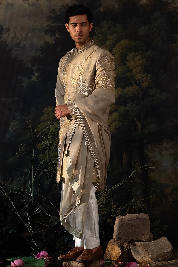 Sage Green Silk Hand Embroidered Groom Sherwani Set by AYUSH JAIN at Pernia's Pop Up Shop