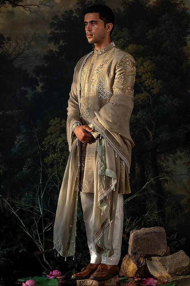 Sage Green Silk Hand Embroidered Groom Sherwani Set by AYUSH JAIN at Pernia's Pop Up Shop