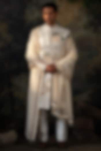 Ivory Silk Hand Embroidered Groom Sherwani Set by AYUSH JAIN at Pernia's Pop Up Shop