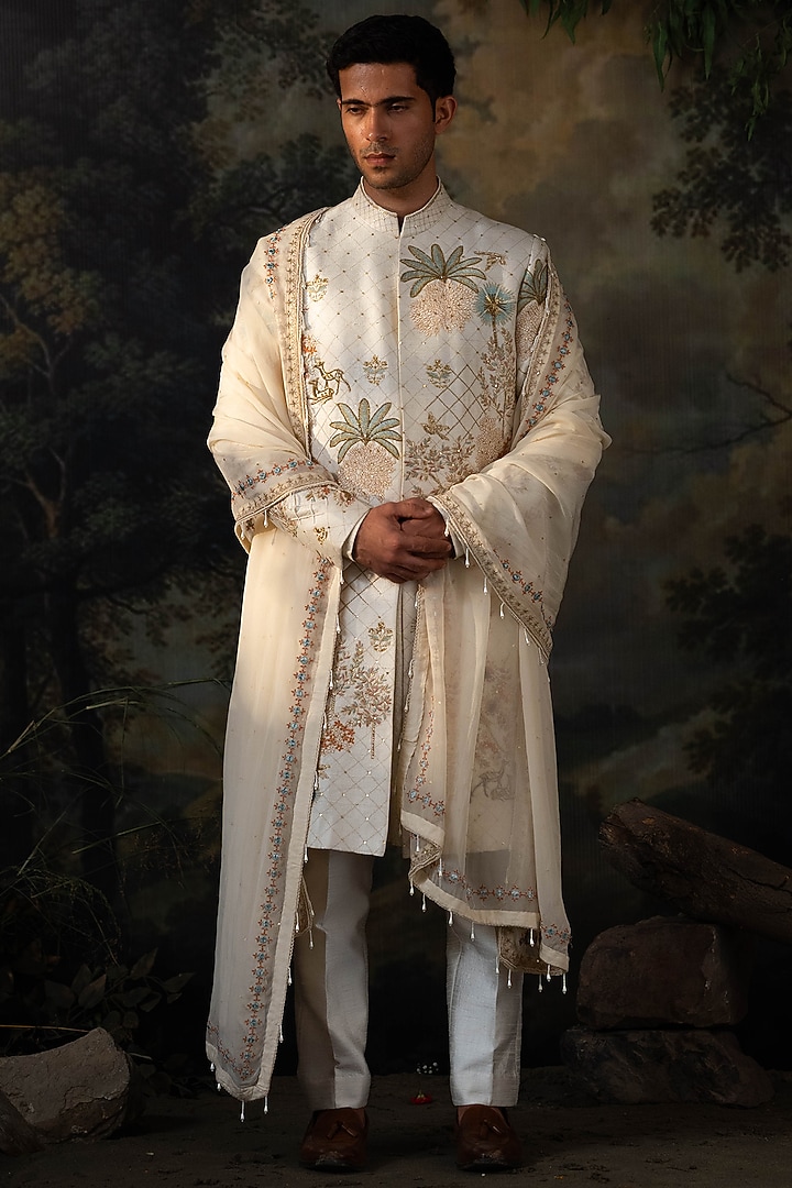 Ivory Silk Hand Embroidered Groom Sherwani Set by AYUSH JAIN at Pernia's Pop Up Shop