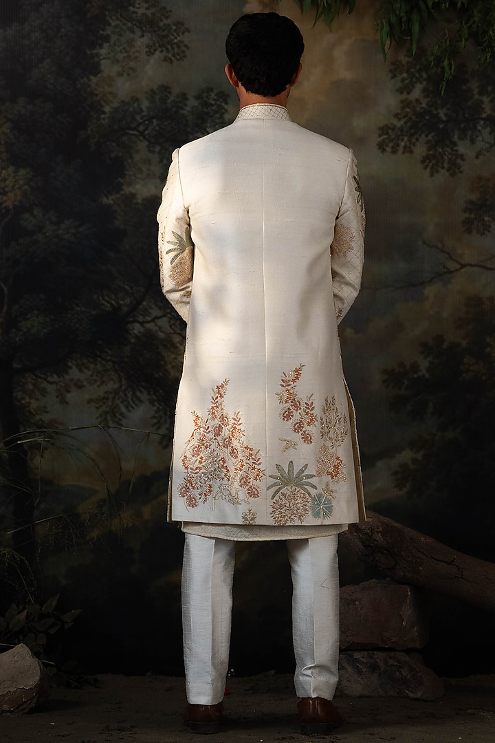 Ivory Silk Hand Embroidered Groom Sherwani Set by AYUSH JAIN at Pernia's Pop Up Shop