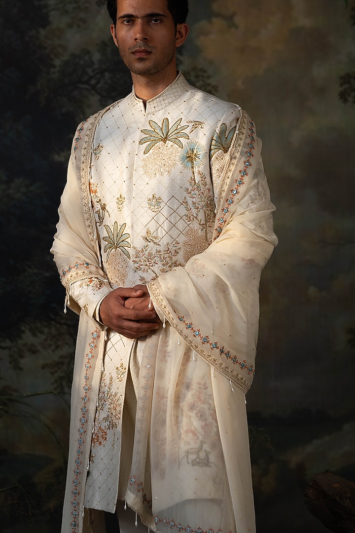 Ivory Silk Hand Embroidered Groom Sherwani Set by AYUSH JAIN at Pernia's Pop Up Shop