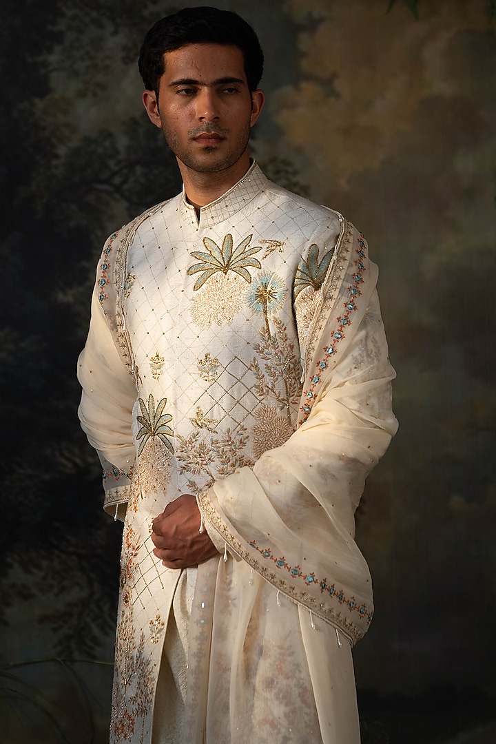 Ivory Silk Hand Embroidered Groom Sherwani Set by AYUSH JAIN at Pernia's Pop Up Shop