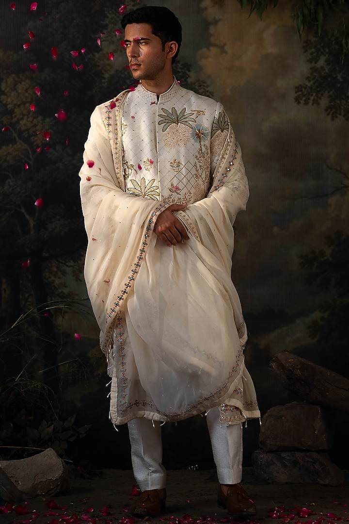 Ivory Silk Hand Embroidered Groom Sherwani Set by AYUSH JAIN at Pernia's Pop Up Shop