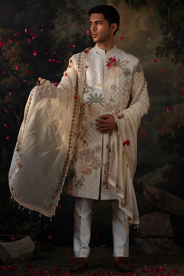 Ivory Silk Hand Embroidered Groom Sherwani Set by AYUSH JAIN at Pernia's Pop Up Shop