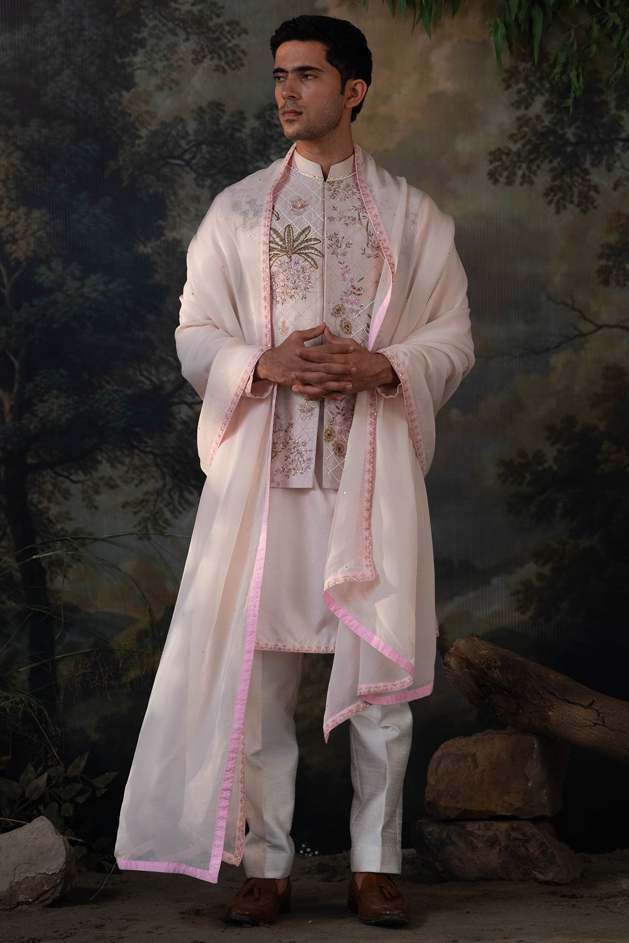 AYUSH JAIN Blush Pink Silk Blend Hand Embroidered Bundi Jacket Set