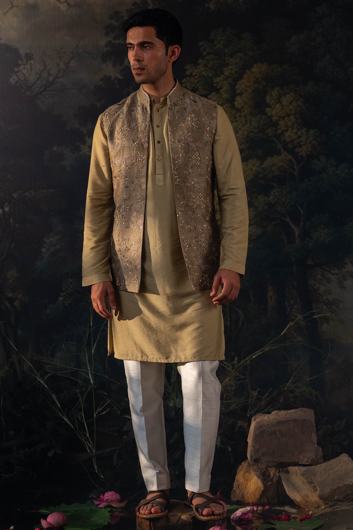 AYUSH JAIN Sage Green Silk Blend Hand Embroidered Bundi Jacket Set