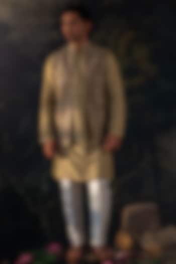 Sage Green Silk Blend Hand Embroidered Bundi Jacket Set by AYUSH JAIN at Pernia's Pop Up Shop