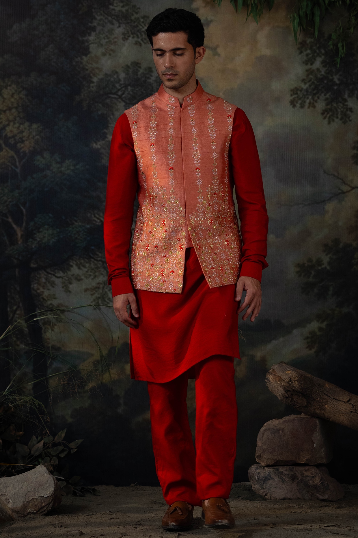 AYUSH JAIN Rust Raw Silk Hand Embroidered Bundi Jacket Set