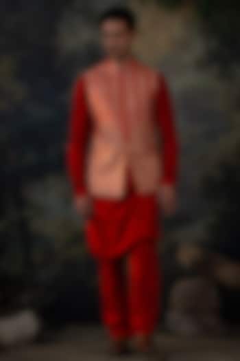 Rust Raw Silk Hand Embroidered Bundi Jacket Set by AYUSH JAIN at Pernia's Pop Up Shop