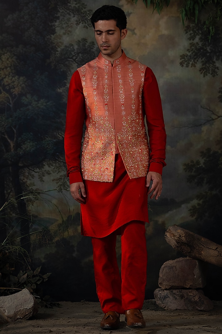 Rust Raw Silk Hand Embroidered Bundi Jacket Set by AYUSH JAIN at Pernia's Pop Up Shop