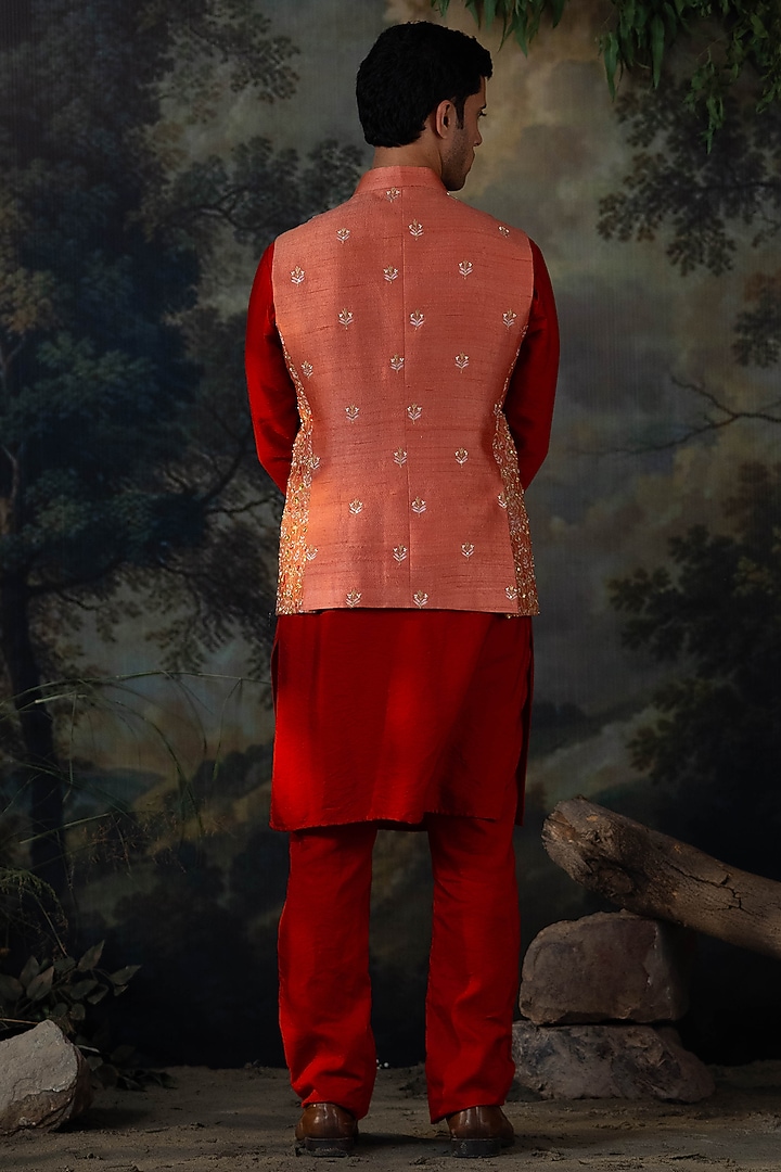 Rust Raw Silk Hand Embroidered Bundi Jacket Set by AYUSH JAIN at Pernia's Pop Up Shop