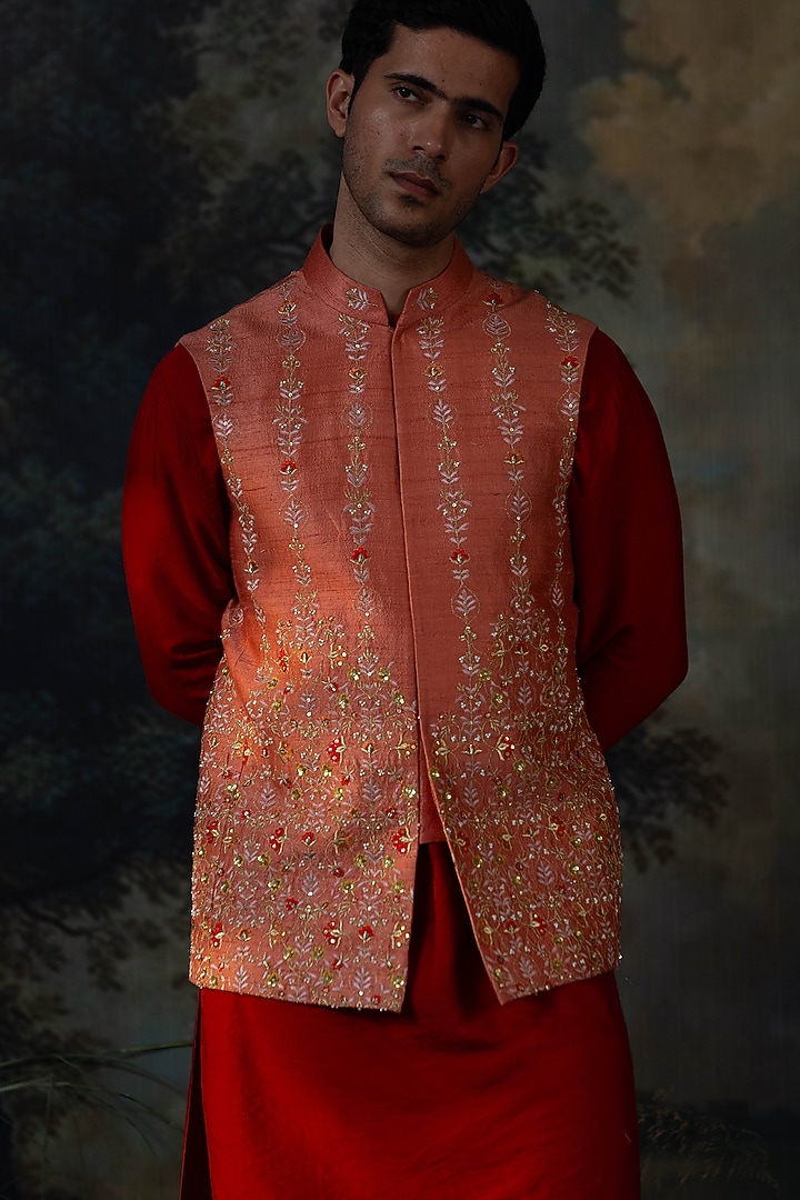 Rust Raw Silk Hand Embroidered Bundi Jacket Set by AYUSH JAIN at Pernia's Pop Up Shop