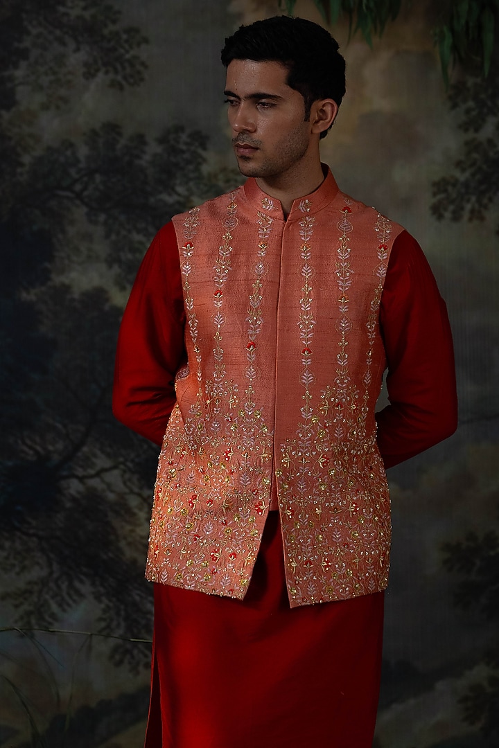 Rust Raw Silk Hand Embroidered Bundi Jacket Set by AYUSH JAIN at Pernia's Pop Up Shop