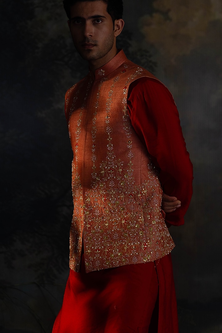 Rust Raw Silk Hand Embroidered Bundi Jacket Set by AYUSH JAIN at Pernia's Pop Up Shop