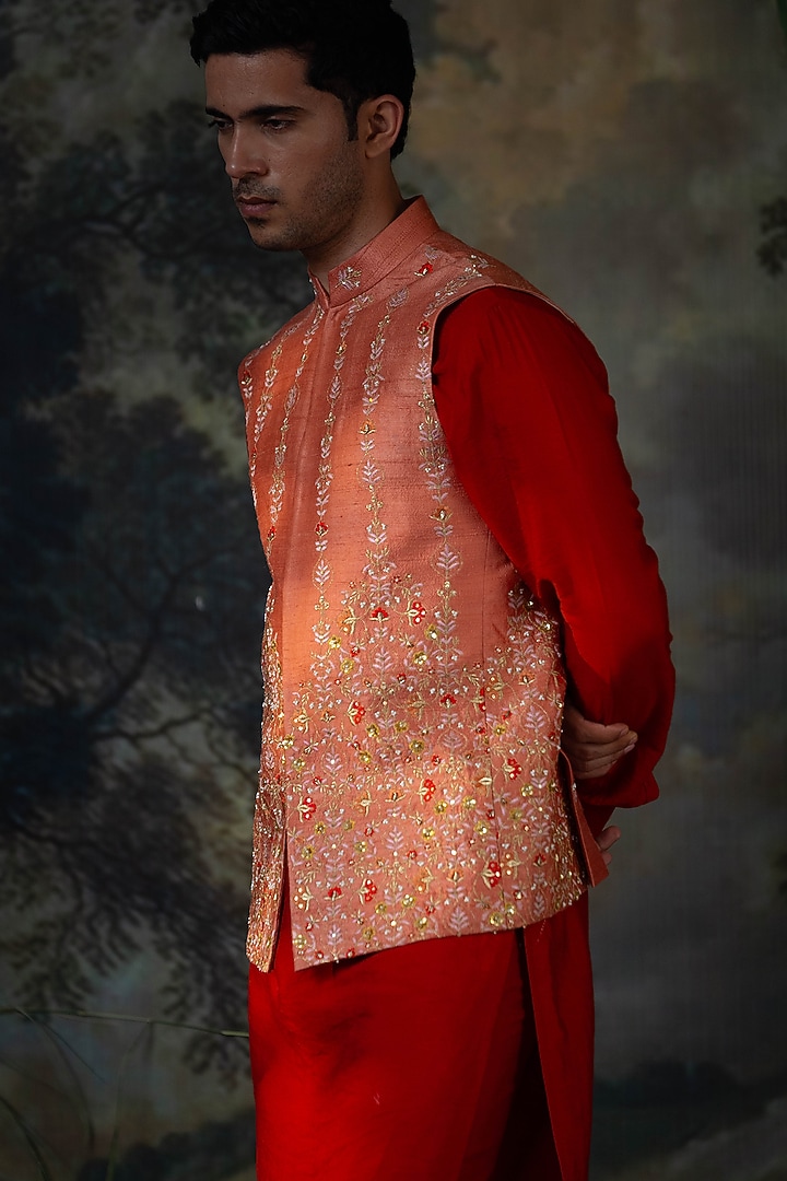 Rust Raw Silk Hand Embroidered Bundi Jacket Set by AYUSH JAIN at Pernia's Pop Up Shop