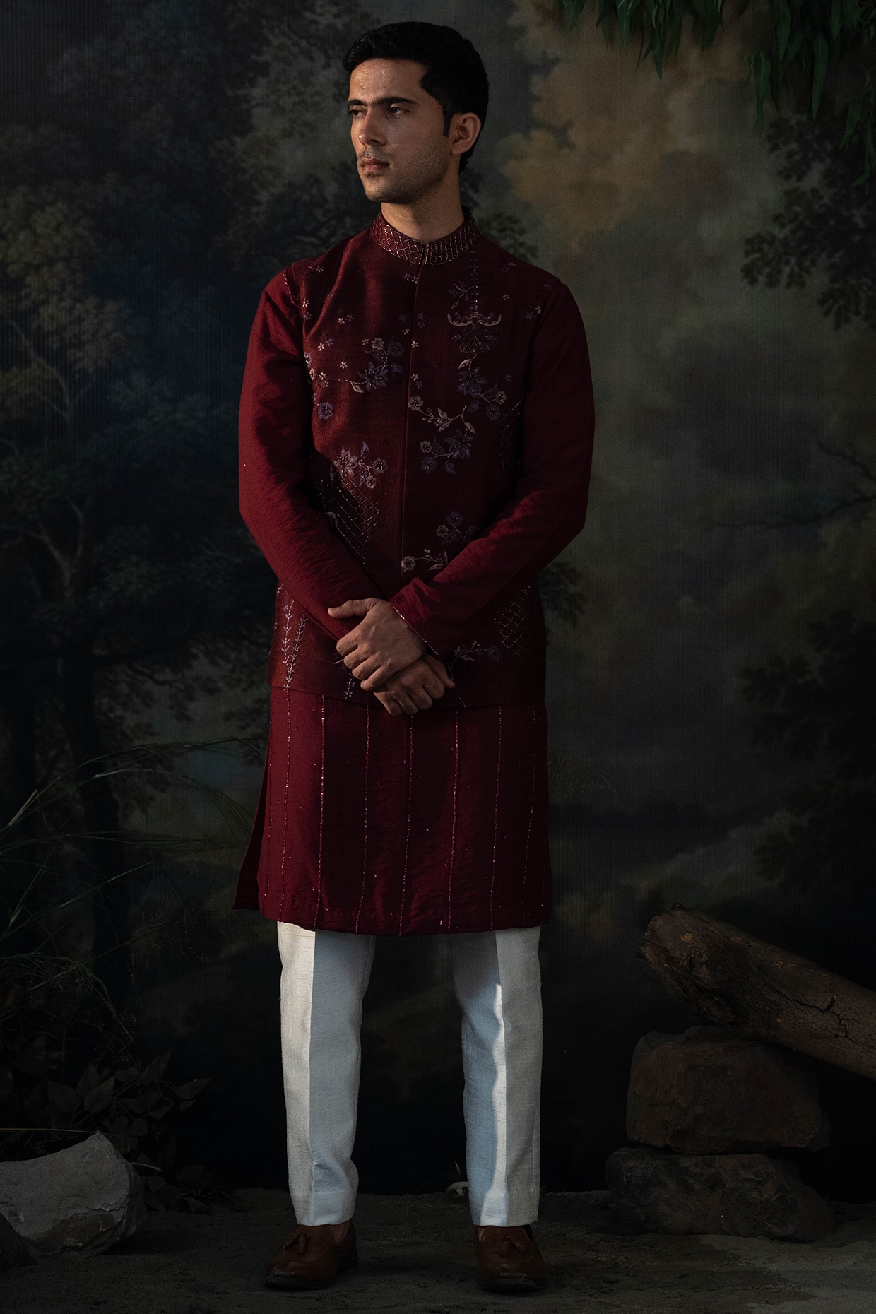 AYUSH JAIN Wine Chanderi Silk Hand Embroidered Bundi Jacket Set
