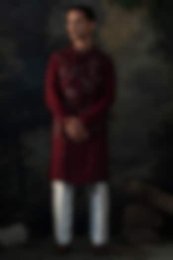 Wine Chanderi Silk Hand Embroidered Bundi Jacket Set by AYUSH JAIN at Pernia's Pop Up Shop