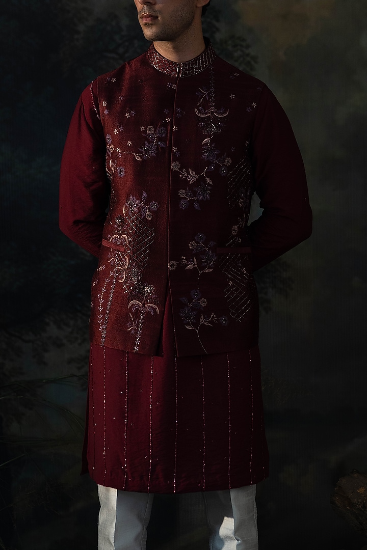 Wine Chanderi Silk Hand Embroidered Bundi Jacket Set by AYUSH JAIN at Pernia's Pop Up Shop