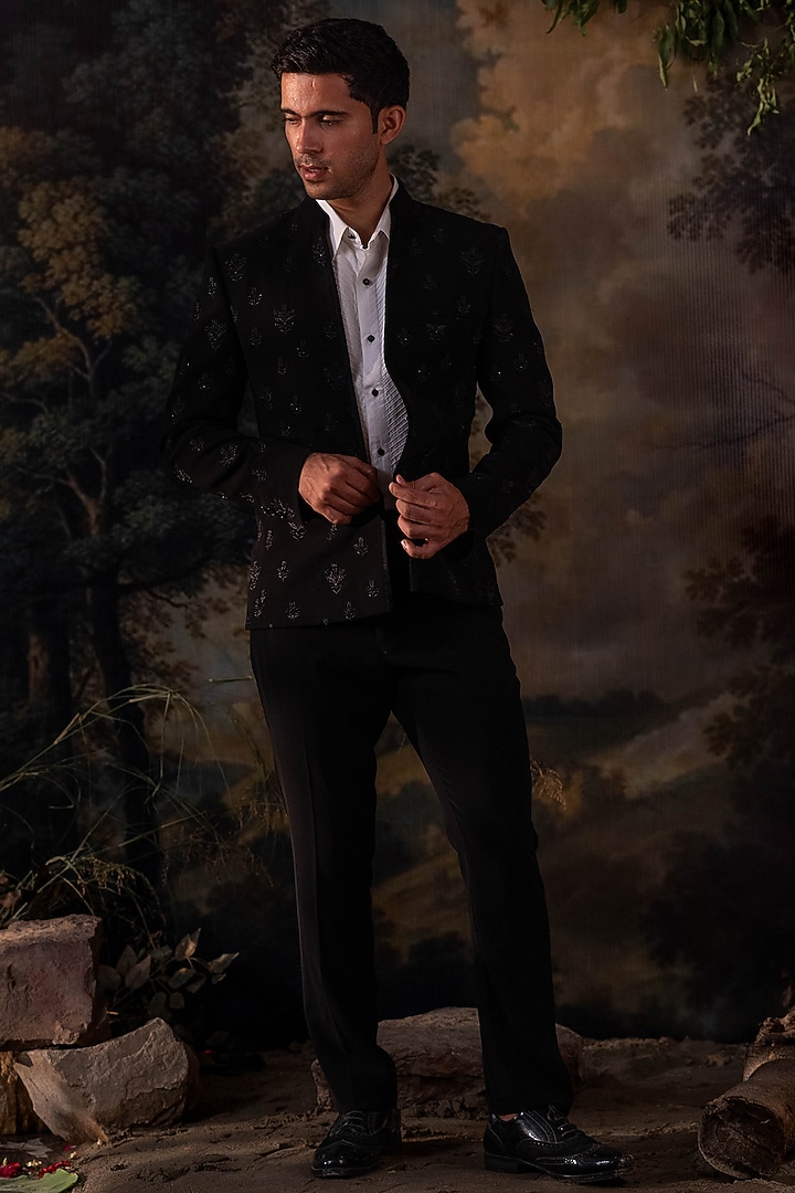 Black Velvet Hand Embroidered Wedding Bandhgala Set by AYUSH JAIN at Pernia's Pop Up Shop