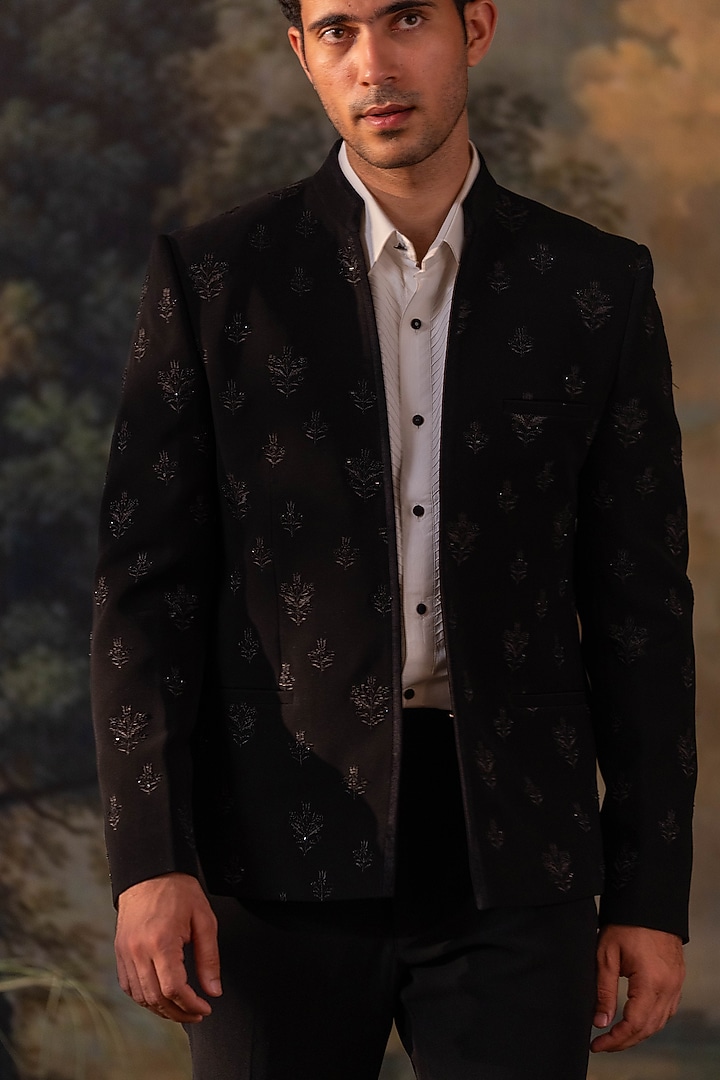 Black Velvet Hand Embroidered Wedding Bandhgala Set by AYUSH JAIN at Pernia's Pop Up Shop