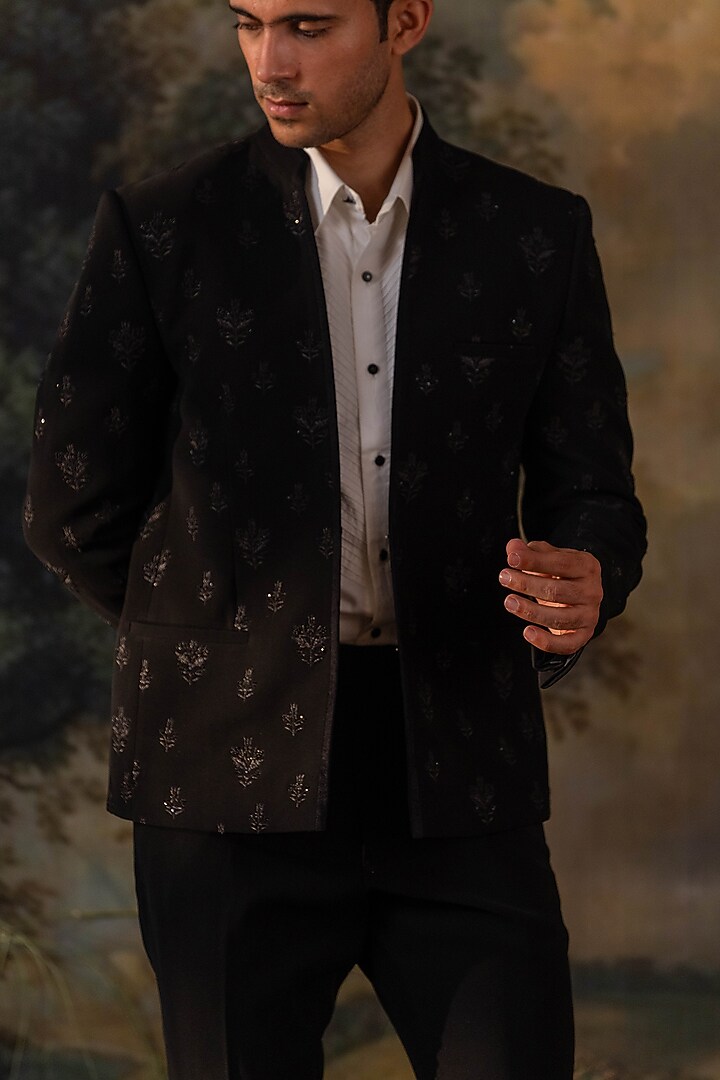 Black Velvet Hand Embroidered Wedding Bandhgala Set by AYUSH JAIN at Pernia's Pop Up Shop