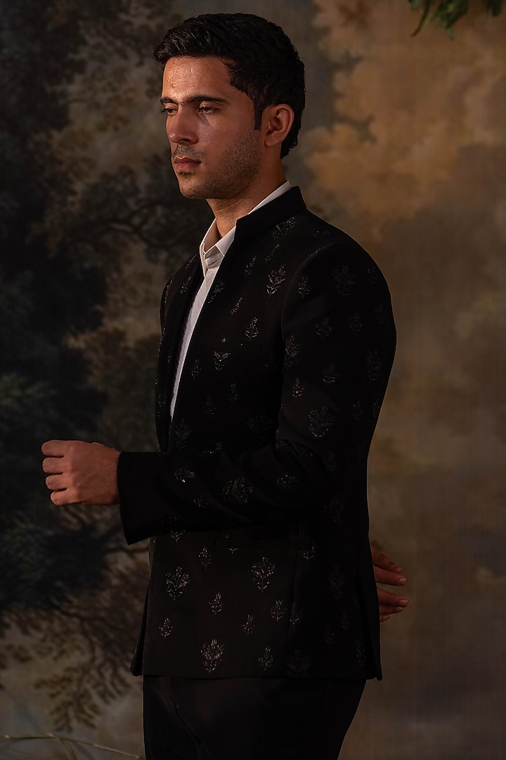 Black Velvet Hand Embroidered Wedding Bandhgala Set by AYUSH JAIN at Pernia's Pop Up Shop