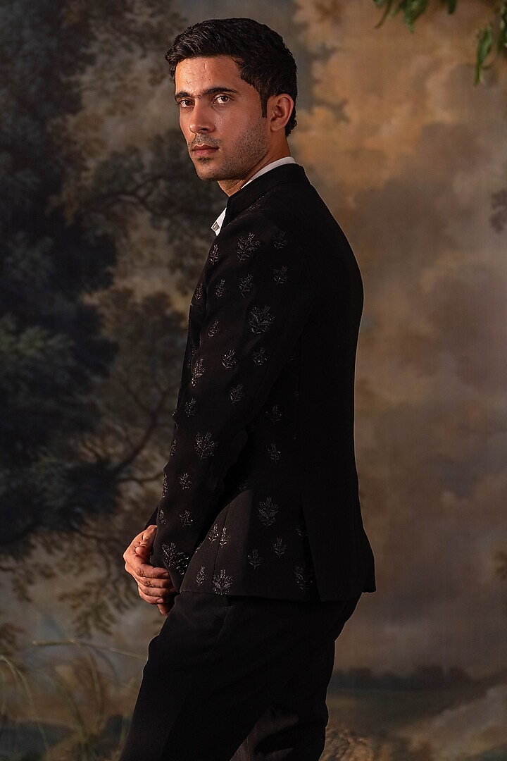 Black Velvet Hand Embroidered Wedding Bandhgala Set by AYUSH JAIN at Pernia's Pop Up Shop