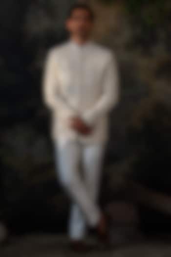 Ivory Raw Silk Hand Embroidered Wedding Bandhgala Set by AYUSH JAIN at Pernia's Pop Up Shop