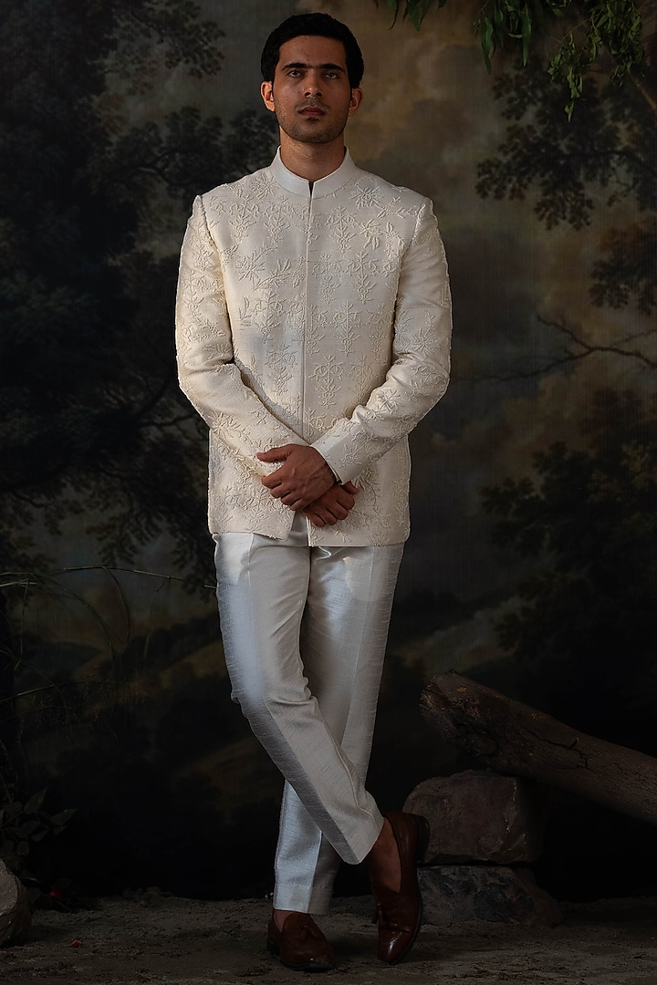 Ivory Raw Silk Hand Embroidered Wedding Bandhgala Set by AYUSH JAIN at Pernia's Pop Up Shop