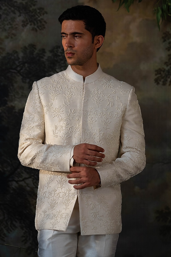 Ivory Raw Silk Hand Embroidered Wedding Bandhgala Set by AYUSH JAIN at Pernia's Pop Up Shop