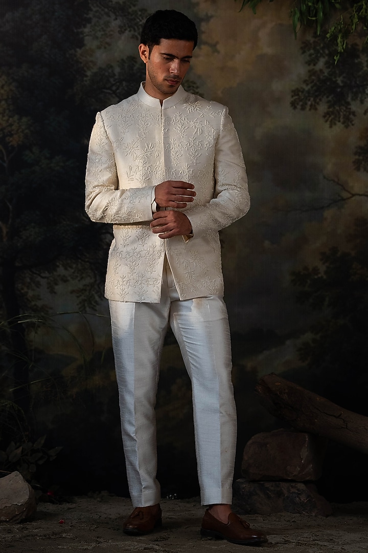 Ivory Raw Silk Hand Embroidered Wedding Bandhgala Set by AYUSH JAIN at Pernia's Pop Up Shop