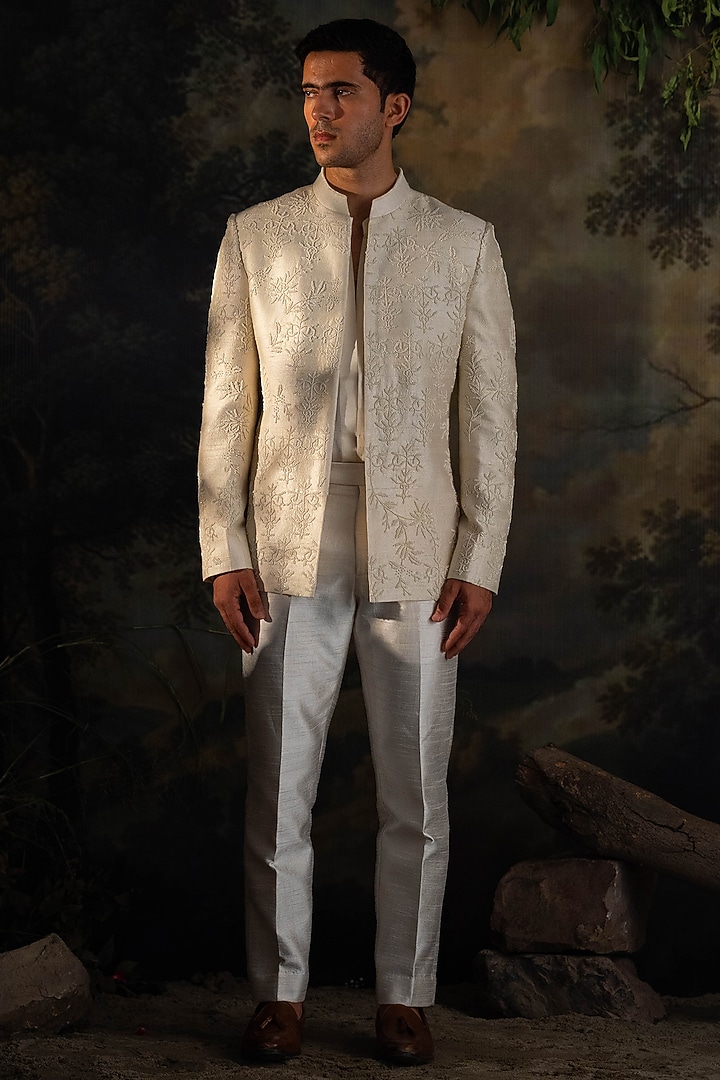 Ivory Raw Silk Hand Embroidered Wedding Bandhgala Set by AYUSH JAIN at Pernia's Pop Up Shop
