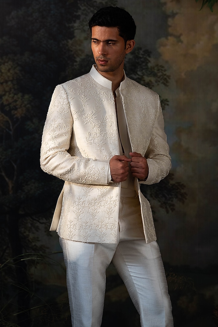 Ivory Raw Silk Hand Embroidered Wedding Bandhgala Set by AYUSH JAIN at Pernia's Pop Up Shop