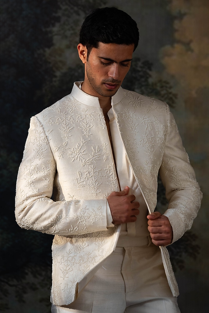 Ivory Raw Silk Hand Embroidered Wedding Bandhgala Set by AYUSH JAIN at Pernia's Pop Up Shop