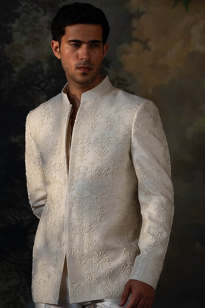 Ivory Raw Silk Hand Embroidered Wedding Bandhgala Set by AYUSH JAIN at Pernia's Pop Up Shop