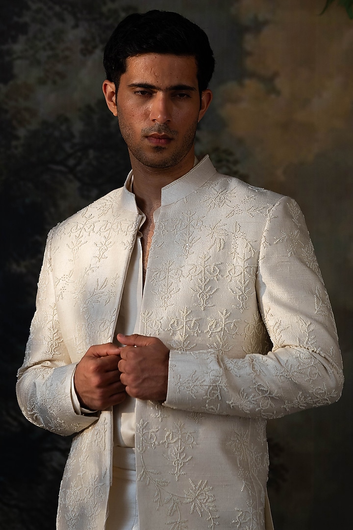 Ivory Raw Silk Hand Embroidered Wedding Bandhgala Set by AYUSH JAIN at Pernia's Pop Up Shop
