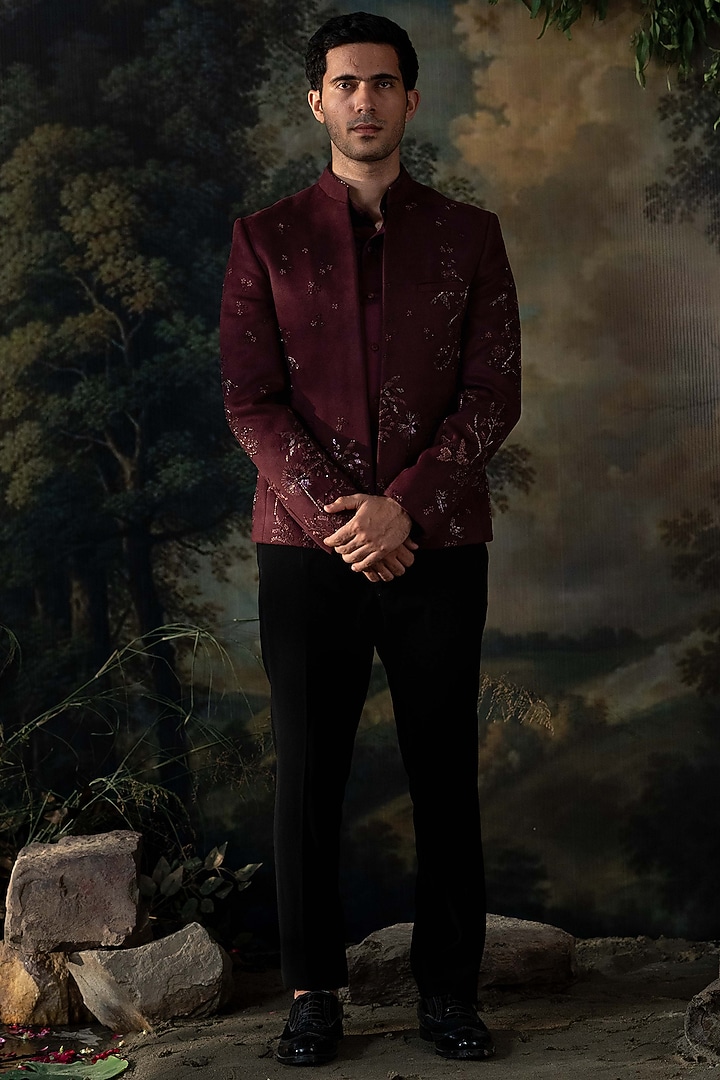 Wine Velvet Hand Embroidered Wedding Bandhgala Set by AYUSH JAIN at Pernia's Pop Up Shop