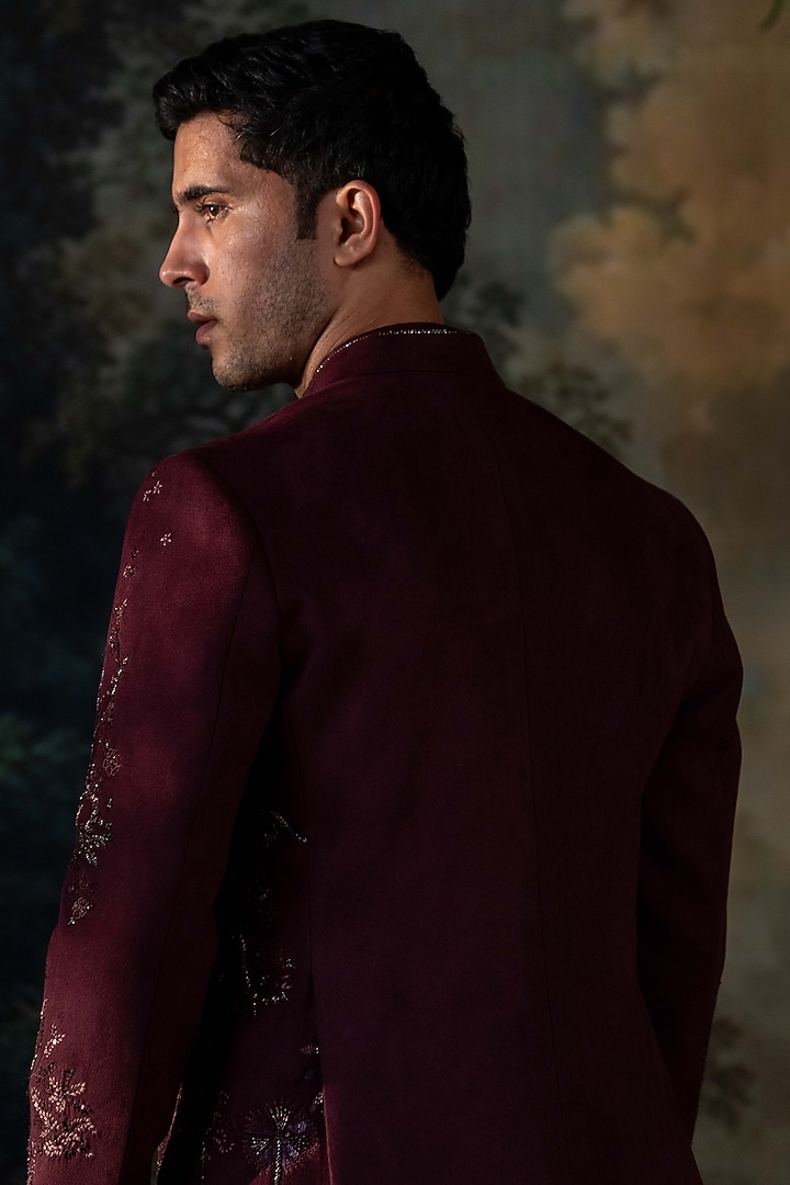 Wine Velvet Hand Embroidered Wedding Bandhgala Set by AYUSH JAIN at Pernia's Pop Up Shop